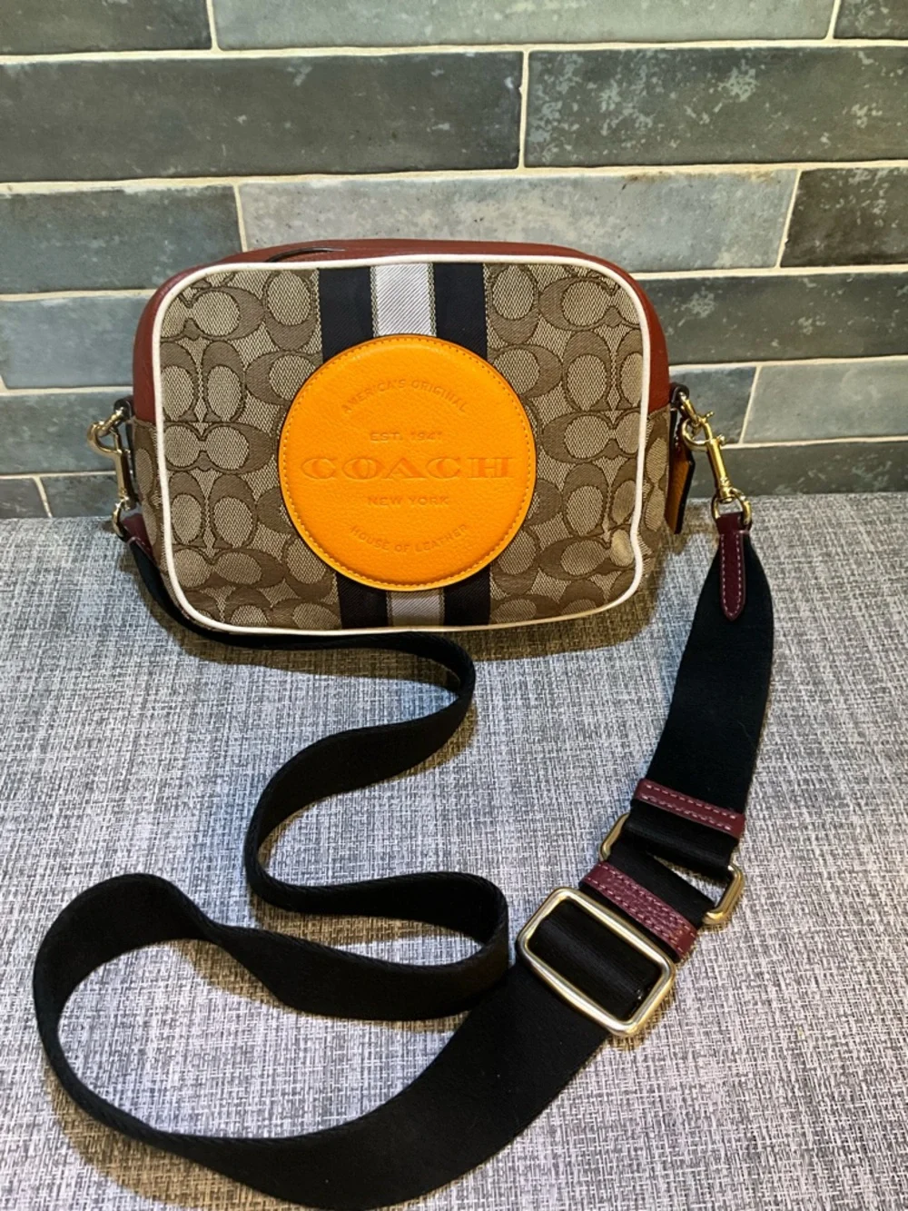 Coach Dempsey Camera Bag In Signature Jacquard w/Orange Coach Patch